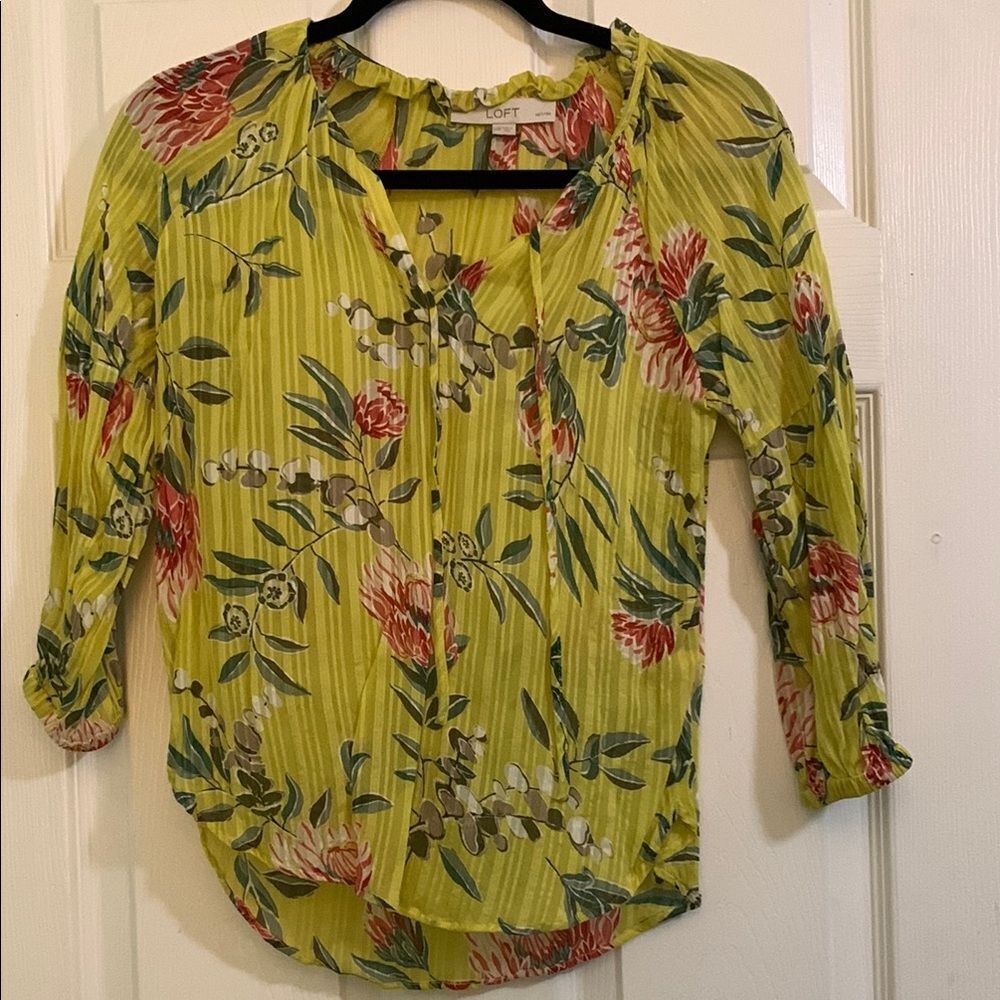 LOFT Yellow Floral Print Blouse XXS Petites